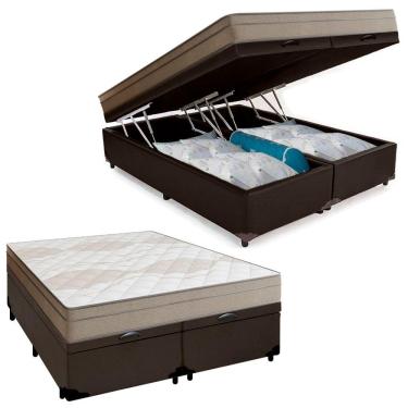 Imagem de Cama Box Baú Casal Bipartido Sintético + Colchão De Molas Ensacadas Portobel Ipanema 138x188x66cm Marrom