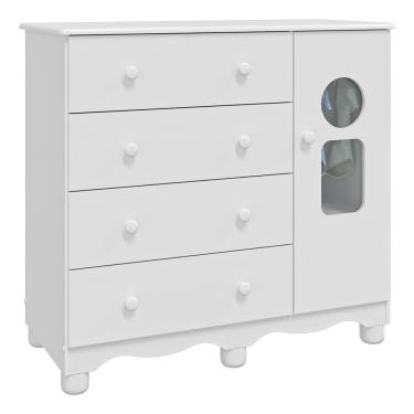 Imagem de Comoda Infantil 1 Porta 4 Gavetas Tedy - Moveis Peroba Branco Brilho