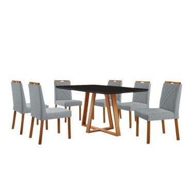 Imagem de Conjunto Sala De Jantar Mesa Florença 160x90cm Preto Com 6 Cadeiras Dallas Linho Cinza