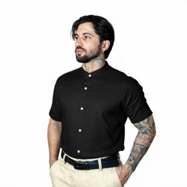 Imagem de Camisa Social Masculina Gola Padre de Luxo Com Manga Curta Slim Fit Li