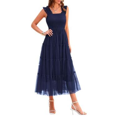 Imagem de Vestido PRETTYGARDEN Feminino de Tule Sem Manga com Lastex Azul Marinh
