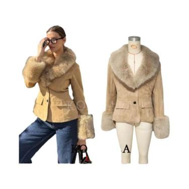 Imagem de Jaqueta Vintage De Camurça Com Pelo Para Mulheres, Manga Longa, Decote