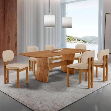 Imagem de Mesa Portugal Tampo Laminado Barril 6 Cadeiras Nala Mobília Linho Off/imbuia Nat/cinam....