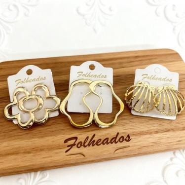 Imagem de Brincos Femininos Folheados a Ouro 3 Pares Flor Orgânico e Concha Dour
