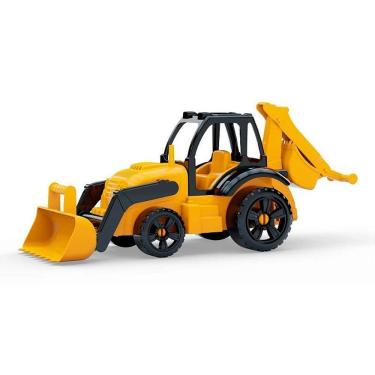 Imagem de Brinquedo Trator Retroescavadeira Agroworks Miniatura Agrícola com Braços Móveis Amarelo GGB Plast