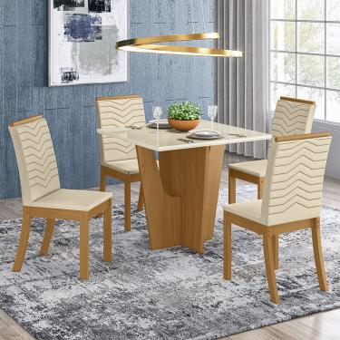Imagem de Conjunto Sala de Jantar Tampo MDF Canto Reto com Vidro 90 Cm 04 Cadeiras Valentina Henn - Nature com Off White e Linho