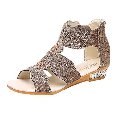 Imagem de Sandálias femininas para mulheres meninas casual verão vintage sapatos de cristal sandálias femininas material: couro artificial, Dourado, 10