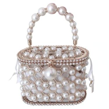 Imagem de Bolsa feminina pérola bolsa de mão de casamento bolsa feminina strass cesta de metal bolsa de ombro, Branco, M