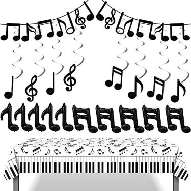 Imagem de Conjunto de 21 peças de decoração para festas musicais inclui toalha de mesa de notas musicais 21 x 137 cm Piano Music Note Banner Garland Music Balloons Hanging Swirl para suprimentos de festa temática musical