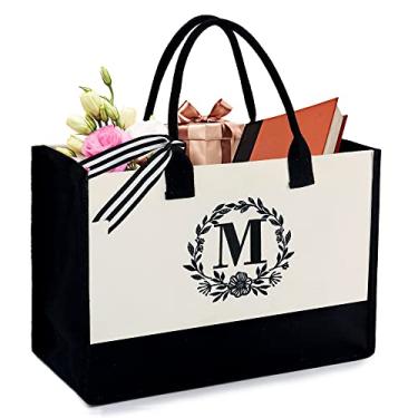 Imagem de BeeGreen Sacola de lona inicial com bolso com zíper 368 g bordado, monograma, presentes de aniversário personalizados para mulheres, Branco com preto, Large, 12-1