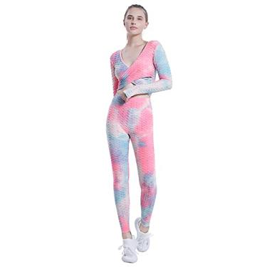 Imagem de Yajun Tie-dye roupa de ioga feminina tops de manga comprida cintura alta leggings de elevação de bumbum respirável stretch fitness ciclismo roupas esportivas, rosa, 2GG (peito: 45cm)