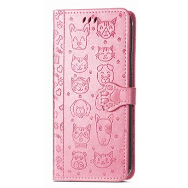 Imagem de Hee Hee Smile Capa carteira de couro de animais de desenho animado bonito capa carteira com zíper para Huawei Nova 8 Pro capa de telefone alça de pulso rosa