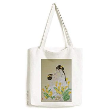 Imagem de Bolsa de lona com flor em aquarela chinesa bolsa de compras casual bolsa de compras