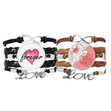 Imagem de DIYthinker Pulseira rosa Feliz Dia dos Namorados Love Rose pulseira de mão corda de couro Forever Love conjunto duplo