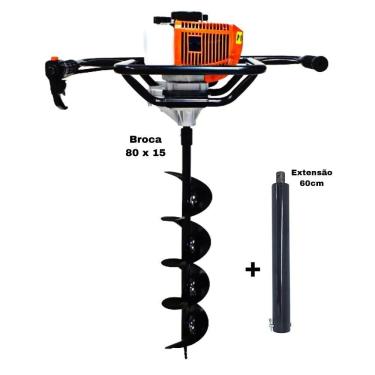 Imagem de KIT Perfurador de Solo Vulcan VPS520-S 2T 52CC 2,5HP com Broca 80x15cm + Extensão Vulcan 60cm com Pino Trava
