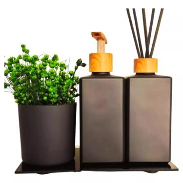 Imagem de Kit Banheiro Luxo Preto - Júlia Fragrance Decor: Conjunto Moderno com Saboneteira, Difusor, Varetas, Bandeja e Vaso de Vidro Preto