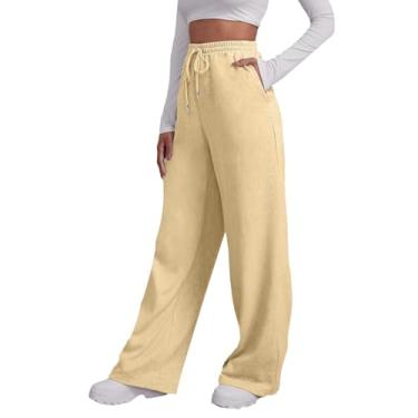 Imagem de Calça de moletom túnica feminina, cintura alta, yoga, esportes, calça feminina com bolso, casual, perna reta, calça de moletom (Cáqui,G)