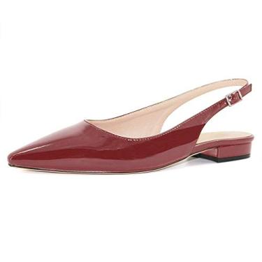 Imagem de Fericzot Sapatos femininos sensuais sandálias de bico fino salto baixo quadrado fivela Drees Flat Shoes Plus Size, Vinho vermelho - patente, 8.5