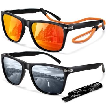 Imagem de Madison Avenue Pacote com 2 óculos de sol quadrados esportivos polarizados para homens, proteção UV com alças de óculos, óculos de sol retrô masculino, Preto/vermelho, Medium