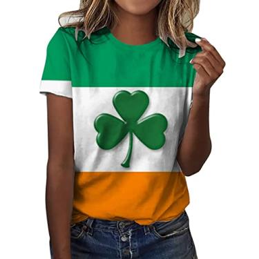 Imagem de Camiseta feminina do Dia de São Patrício com estampa da bandeira irlandesa, túnica verde, blusas casuais de manga curta, Laranja, XXG