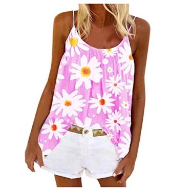 Imagem de Regatas femininas de verão, folgadas, sem mangas, gola redonda, alças finas, camiseta com estampa floral, rosa, GG