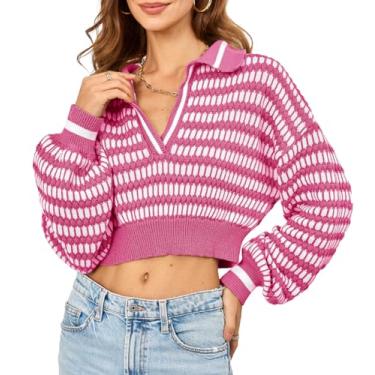 Imagem de Saodimallsu Suéter feminino listrado com gola V, gola V, gola em malha, manga comprida, pulôver de algodão, rosa, XX-Large