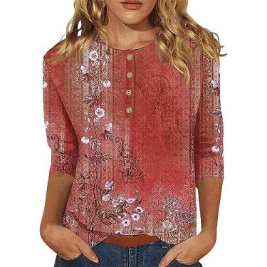 Imagem de Camisetas femininas de manga 3/4 de comprimento na moda 2024 gola redonda blusas casuais soltas com estampa de flores, Ofertas relâmpago vermelho, GG