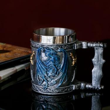 Imagem de Caneca Medieval Blue Dragon D&D Game Mug of Throne Merchandise Beer Steins Viking Caneca Caneca de café inoxidável Canecas de presente para homens Dragão Colecionador Tema Decoração de festa