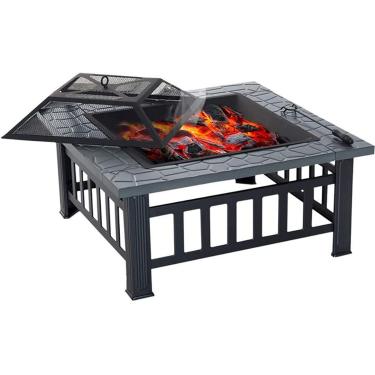 Imagem de Lareira para churrasco ao ar livre com prateleira de churrasqueira para jardim e pátio, braseiro de metal ao ar livre mesa quadrada aquecedor de pátio de jardim 3 em 1 para fogueira ao ar livre