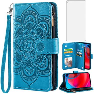Imagem de Asuwish Capa de telefone para Moto G Stylus 5G 2021 capa carteira com protetor de tela de vidro temperado e couro flor flip porta-cartão de crédito acessórios celulares Motorola GStylus G5 XT2131DL mulheres homens azul