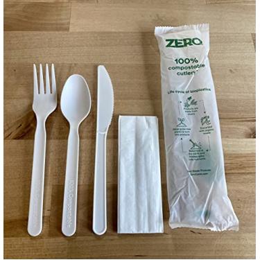 Imagem de Kits de talheres CPLA compostáveis pesados de 17,78 cm ZERO Waste (garfo, colher, faca, guardanapo 4 em 1) embalados individualmente com sacos compostáveis, alternativa aos utensílios descartáveis de