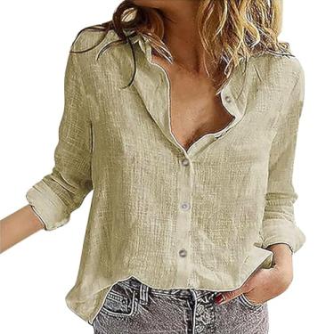 Imagem de Camiseta feminina de linho, cor sólida, gola V, botões, manga comprida, caimento solto, túnica camisa de verão, Bege, 4G