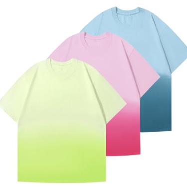 Imagem de Camisetas masculinas grandes de tingimento gradiente vintage algodão ajuste solto camiseta urbana manga curta camiseta básica tops, Azul + rosa + amarelo, GG
