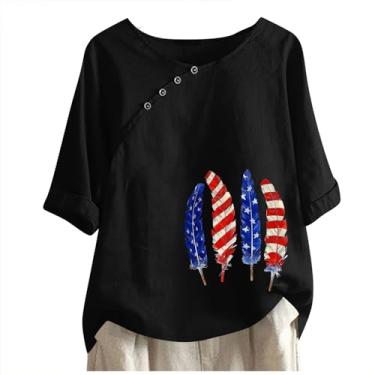 Imagem de Camiseta feminina de verão Independence Day, meia manga, gola V, botão lateral, estampa floral, blusa cropped casual feminina, Preto, G