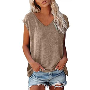 Imagem de Camiseta feminina de verão, manga cavada, gola V, caimento solto, cor sólida, roupa casual para treino, Caqui, G