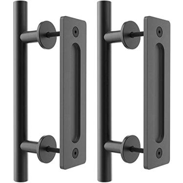 Imagem de Maçaneta da porta do celeiro de 12 polegadas puxada nivelada Conjunto de maçaneta embutida Carbono / aço inoxidável para porta de madeira deslizante interna, 2pcs preto