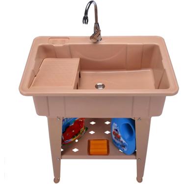 Imagem de Pia de lavanderia Banheira de lavanderia com torneira, pia de lavanderia independente Bacia de limpeza Waub de plástico, bacia de lavagem interna externa para lavar roupas à mão, pia de esta