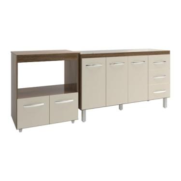 Imagem de Mobília Decor, Armário Cozinha Balcão Gabinete de Pia 140 cm Carine e Balcão Para Microondas e Forno Elétrico Amanda Savana Off White