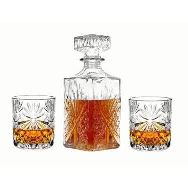 Imagem de Conjunto de decantador de uísque, jarra de licor elegante com tampa de vidro sólido ornamentada e 2 copos de uísque combinando: uísque, licor, uísque, bourbon, gim, rum, tequila, vodka e conhaque