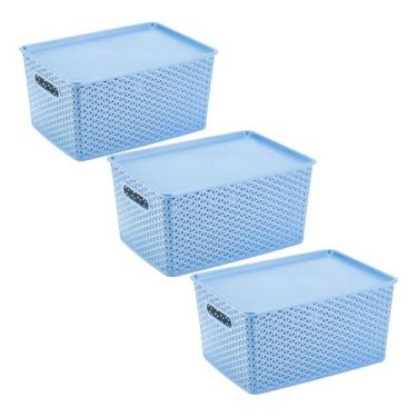 Imagem de 3 Caixas Organizadoras Com Tampa Grande 15 Lts Rattan Azul - Plasnorth