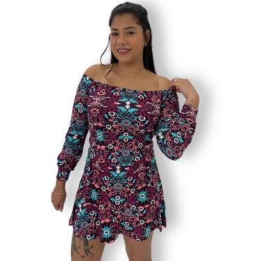 Imagem de Vestido Curto Manga longa Elastico Ombro Ciganinha Estampado - ANJ MOD