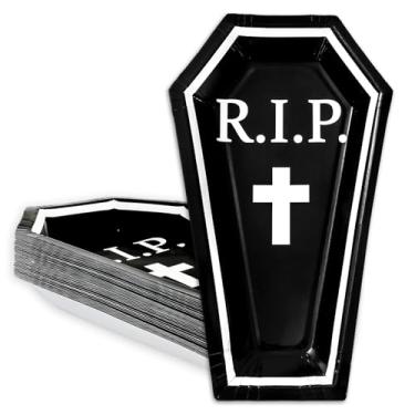 Imagem de Whaline 24 peças, prato de papel de Halloween, formato de caixão, prato descartável, preto, branco, prato de jantar para decoração de mesa, 25 x 15 cm