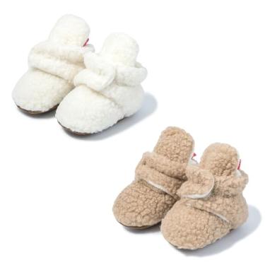 Imagem de Babelvit Botas de lã macia para bebês recém-nascidos, meninos, meninas, para ficar no chão, pantufas, meias antiderrapantes, sapatos de berço de inverno, Z/cáqui + branco, 6-12 Meses