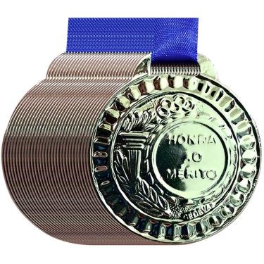 Imagem de Kit 131 Medalhas Honra Ao Mérito 3.5cm Metal Com Fita Azul Prata