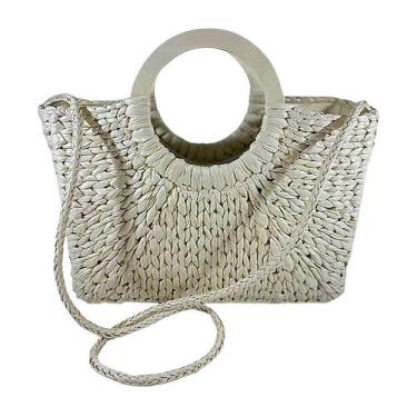 Imagem de Bolsa Feminina Bege Palha Praia Forrada Resistente Grande Luxo Viagem 