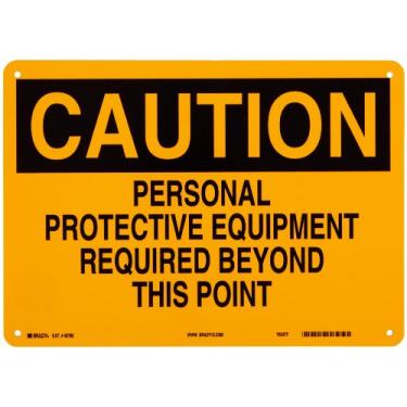 Imagem de Brady 42782 35,56 cm largura x 25,4 cm altura B-555 alumínio, placa de proteção preta sobre amarelo, cabeçalho "Cuidado", legenda "Equipamento de proteção individual necessário além deste ponto"