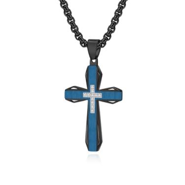 Imagem de Colar masculino com cruz de aço inoxidável, preto, azul, dois tons, crucifixo de aço titânio, pingente de cruz religiosa com corrente de 61 cm, presente de aniversário para marido, pai, namorado,