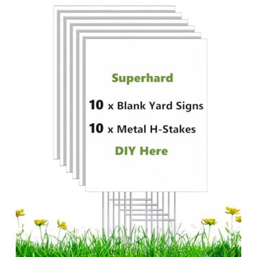 Imagem de Rtshuok Pacote com 10, 17 x 12 placas verticais brancas de quintal com estacas, placa de plástico ondulado à prova de intempéries, placas de gramado em branco para aluguel externo, venda, faça você