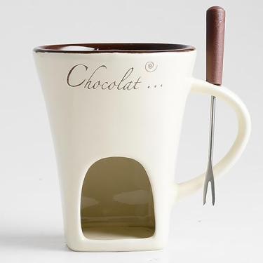 Imagem de ABPWO Caneca de fondue de chocolate, canecas de cerâmica para chocolate ou queijo, conjunto de copos de fondue de chocolate com garfos, ótimo para encontros noturnos, aniversários e presentes de