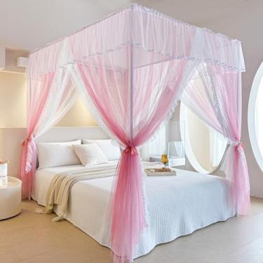 Imagem de AIKASY Cortina de Dossel de Cama de Princesa com Babados de 4 Cantos- Rede de Cortina Aconchegante de Camada Dupla com 4 Aberturas- Mosquiteiro Elegante para Decoração de Quarto de (Rainha, Rosa)